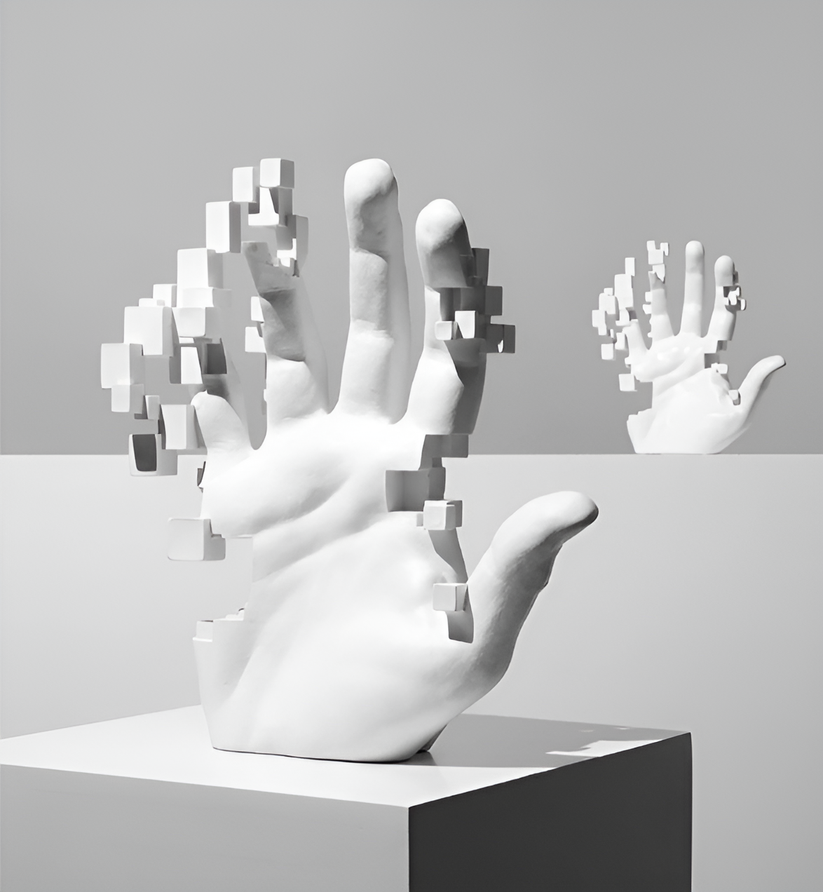 Main Mosaïque – Statue abstraite en résine représentant une main glitch artistique
