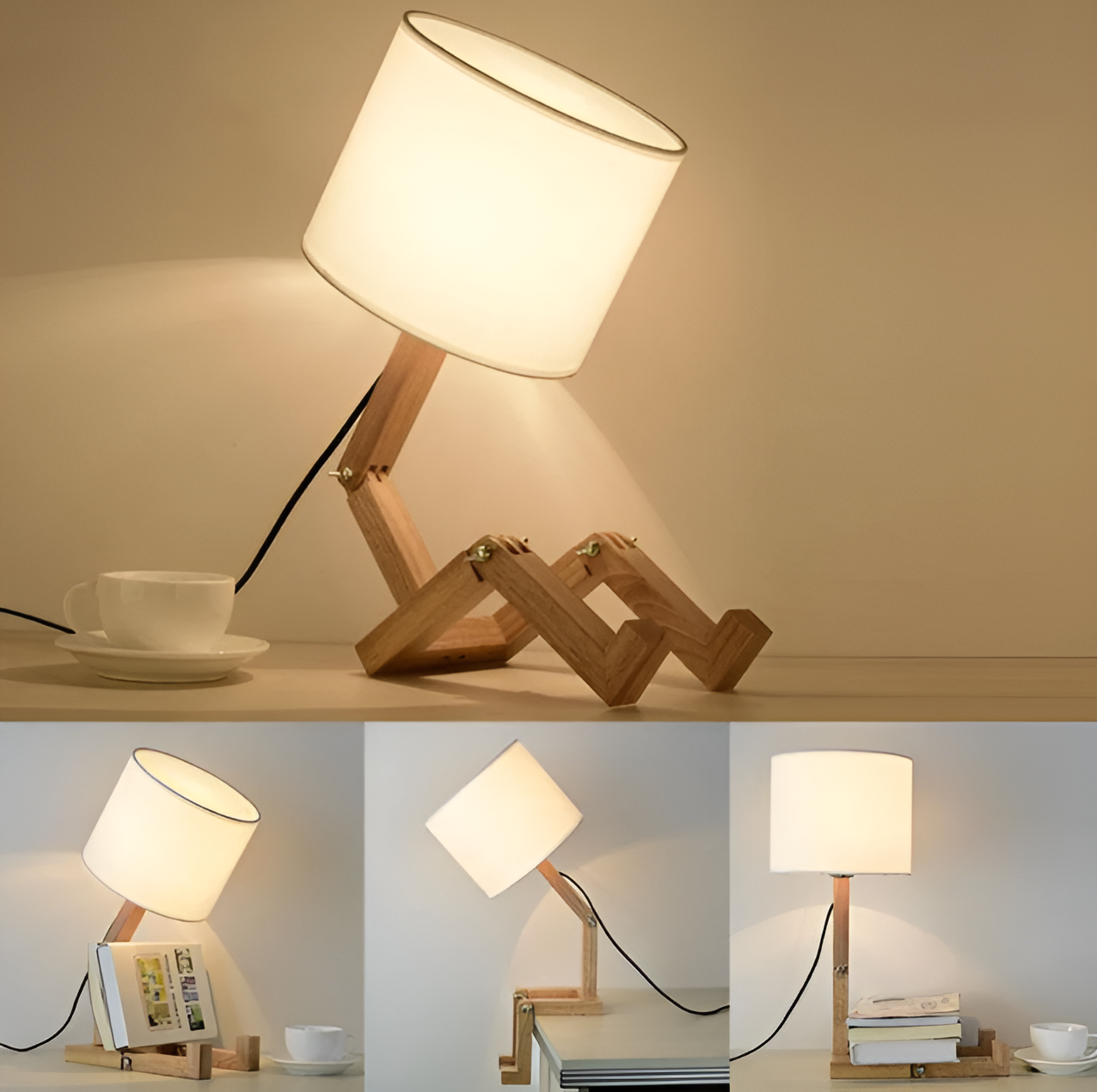 Compagnon Tech – Lampe robot avec socle flexible en bois