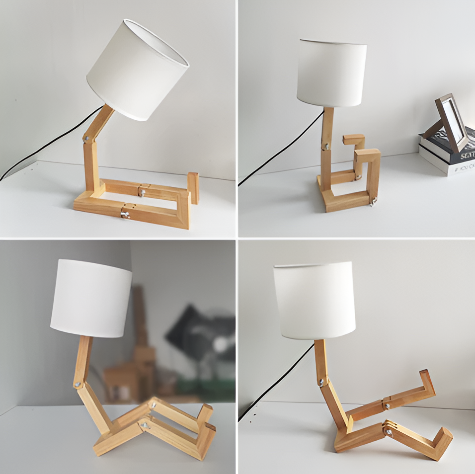 Compagnon Tech – Lampe robot avec socle flexible en bois