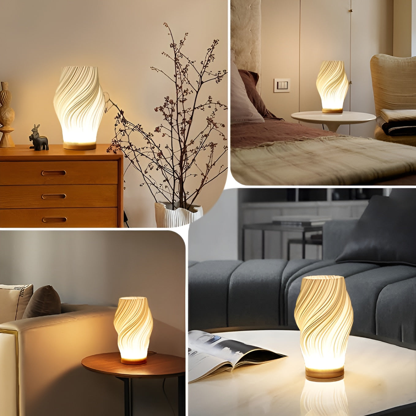 DreamWave - Lampe moderne crème à vagues 3D avec base en métal élégante