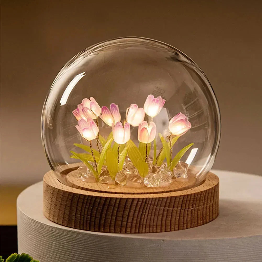 Florina – Lampe de nuit tulipes fait main avec abat-jour en verre