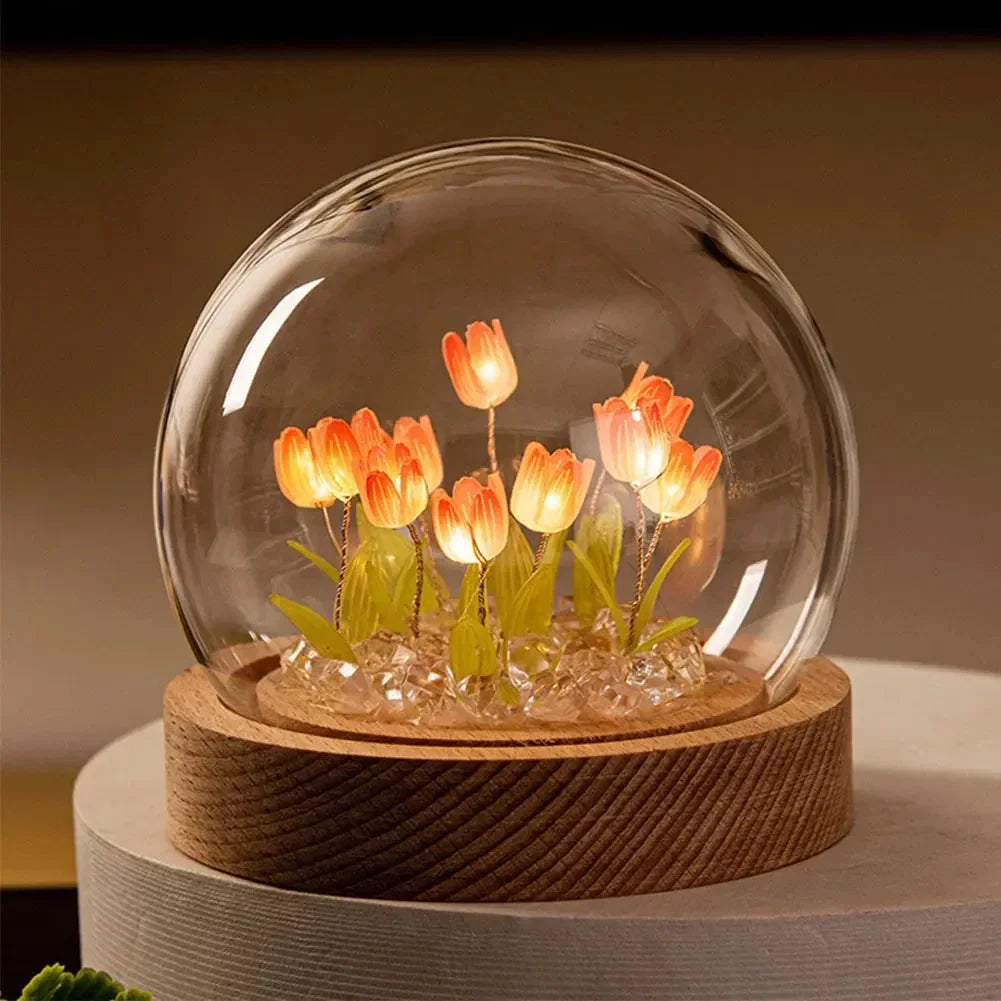 Florina – Lampe de nuit tulipes fait main avec abat-jour en verre