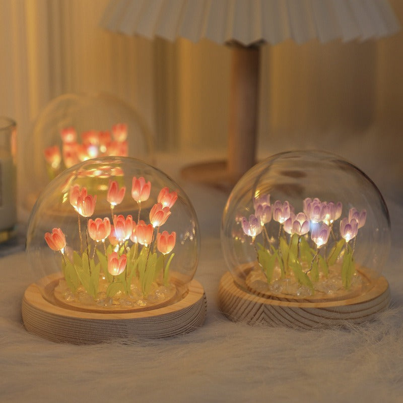 Florina – Lampe de nuit tulipes fait main avec abat-jour en verre
