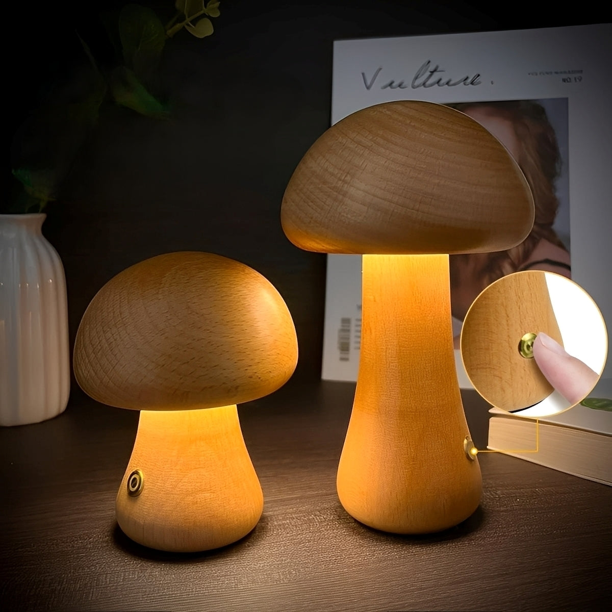 Grace – Lampe de chevet LED en forme de champignon en bois